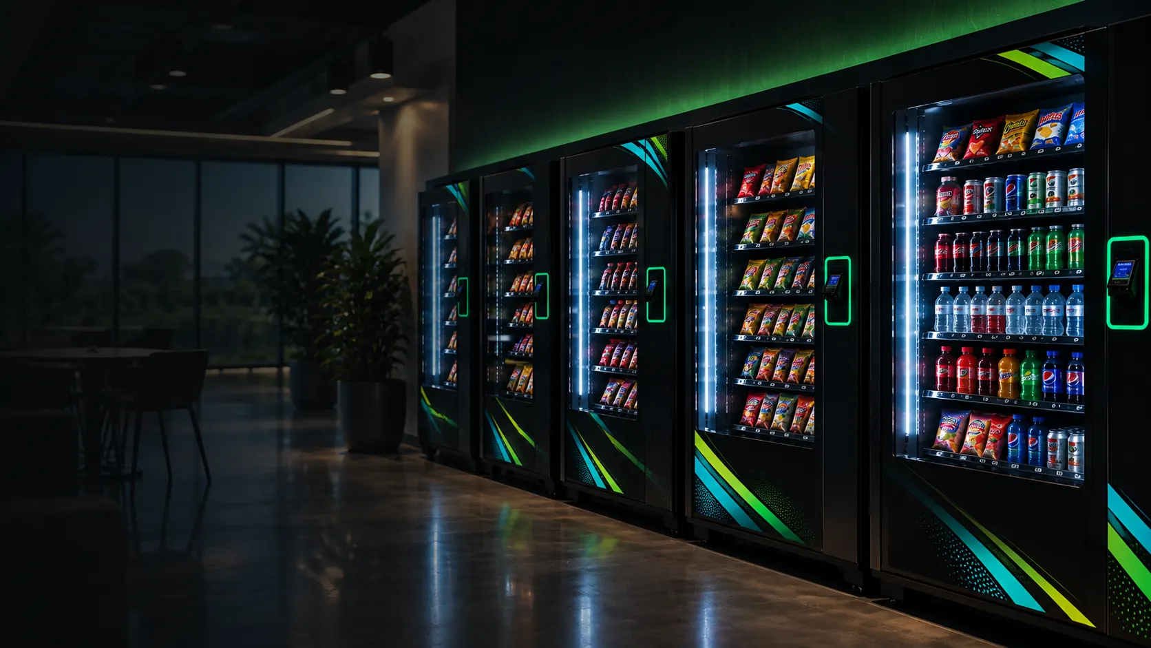 Modern glass-front vending machines in a premium Central Florida office break room